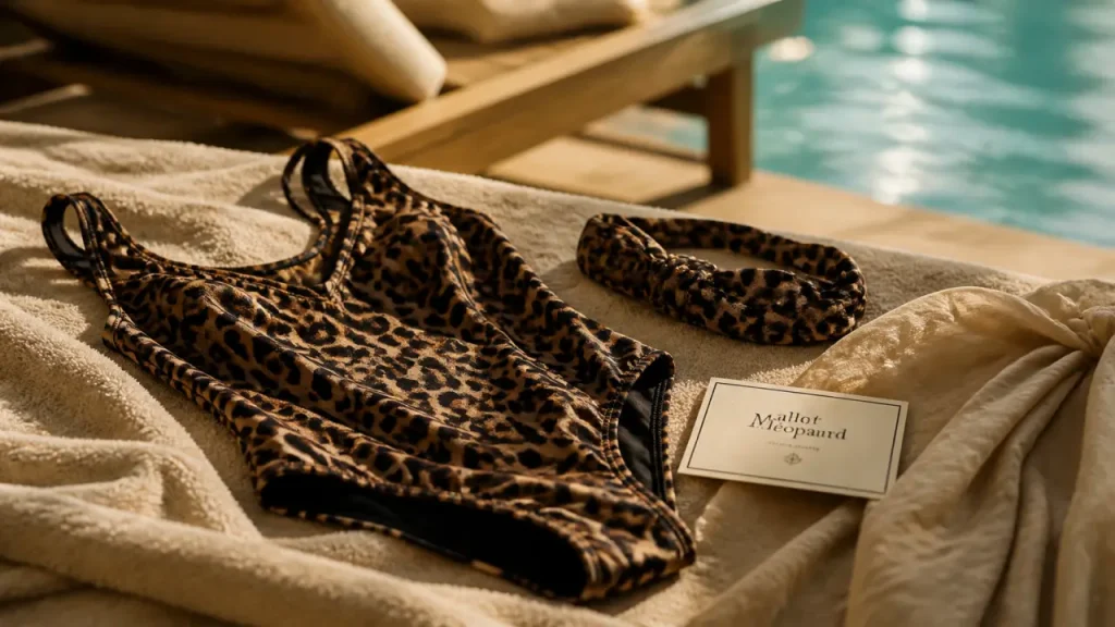 Maillot de bain leopard une pièce et bandeau, bord piscine