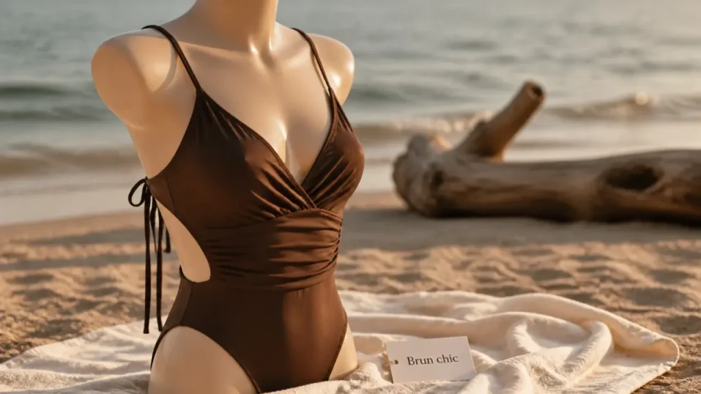 Maillot de bain marron chocolat une pièce sur plage, détails de coupe