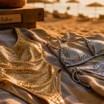 Maillot de bain pailleté doré sur serviette, plage au coucher du soleil