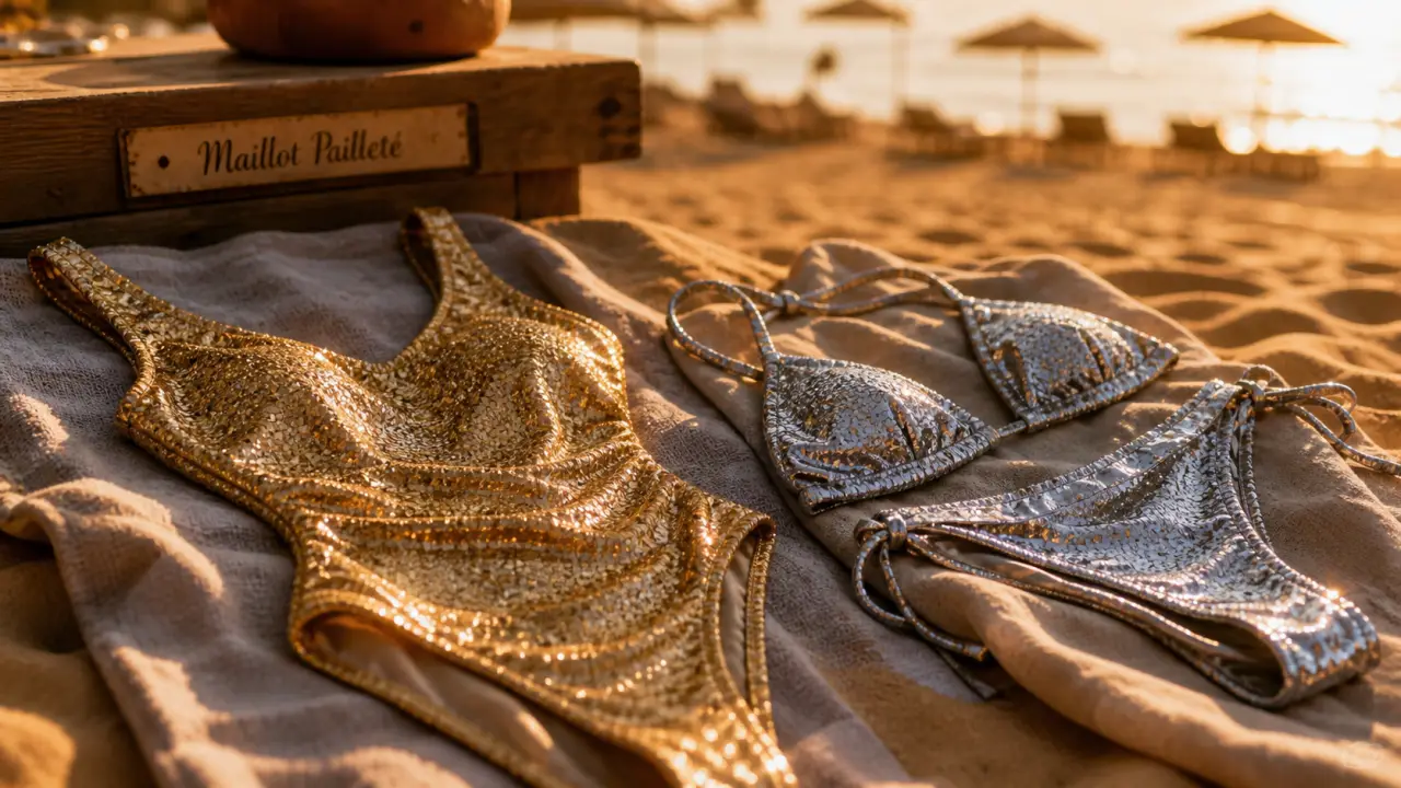 Maillot de bain pailleté doré sur serviette, plage au coucher du soleil