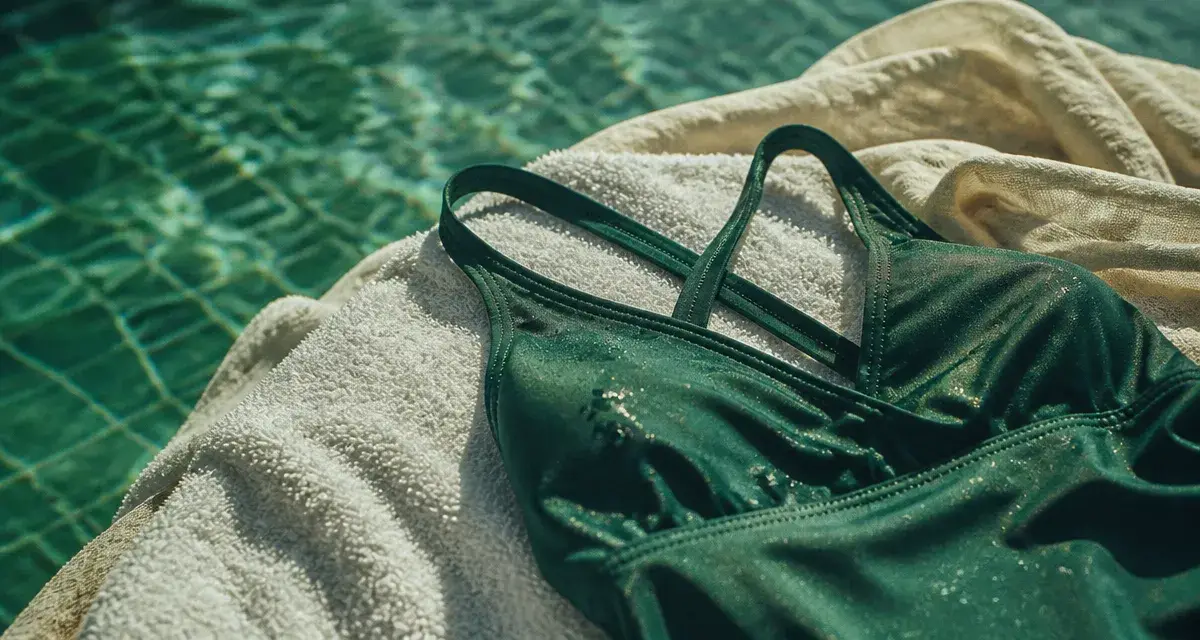 Maillot de bain vert émeraude sur serviette, piscine extérieure
