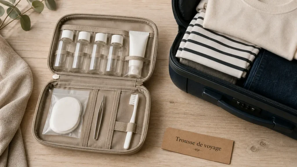 Trousse de toilette femme voyage, flacons et accessoires de voyage en format réduit