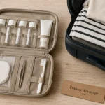 Trousse de toilette femme voyage, flacons et accessoires de voyage en format réduit