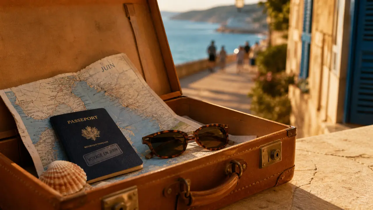 Voyage en juin : passeport et valise près de la mer turquoise