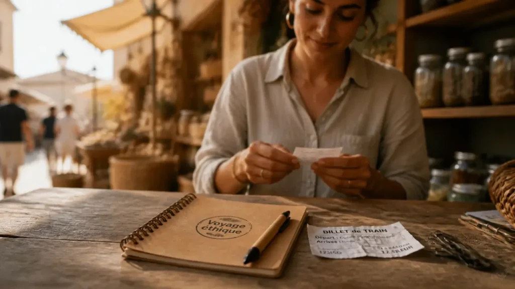 Voyage éthique : carnet recyclé, billet de train et marché local
