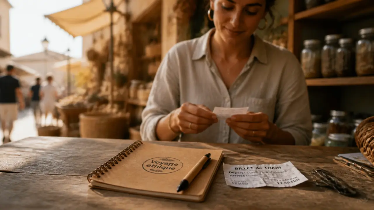 Voyage éthique : carnet recyclé, billet de train et marché local