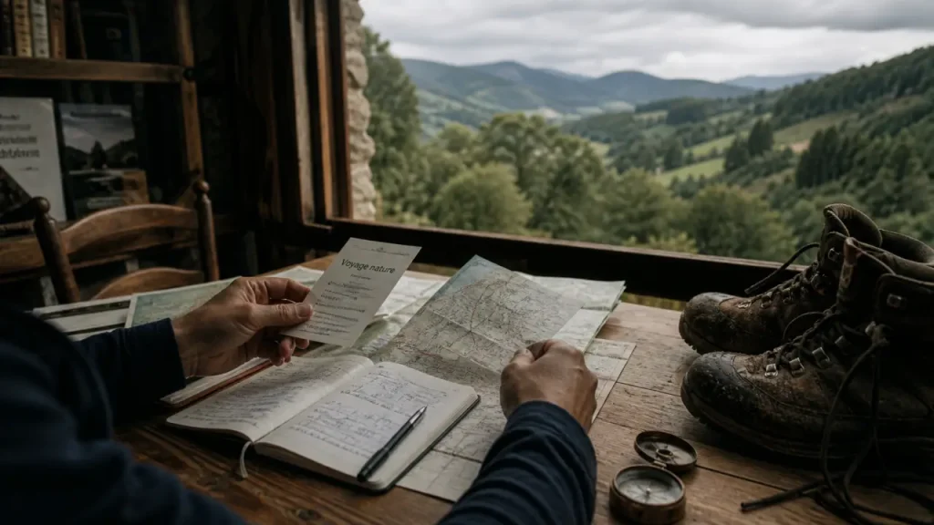 Voyage nature : roadbook et itinéraire en auberge, boussole et carnet