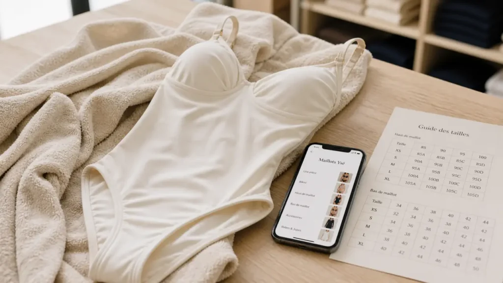 Ysé maillot de bain : ivoire sur serviette, guide taille et page collection