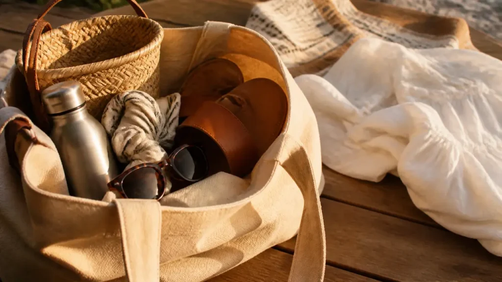 Accessoires été : cabas en toile, lunettes et panier raphia pour la plage et la ville