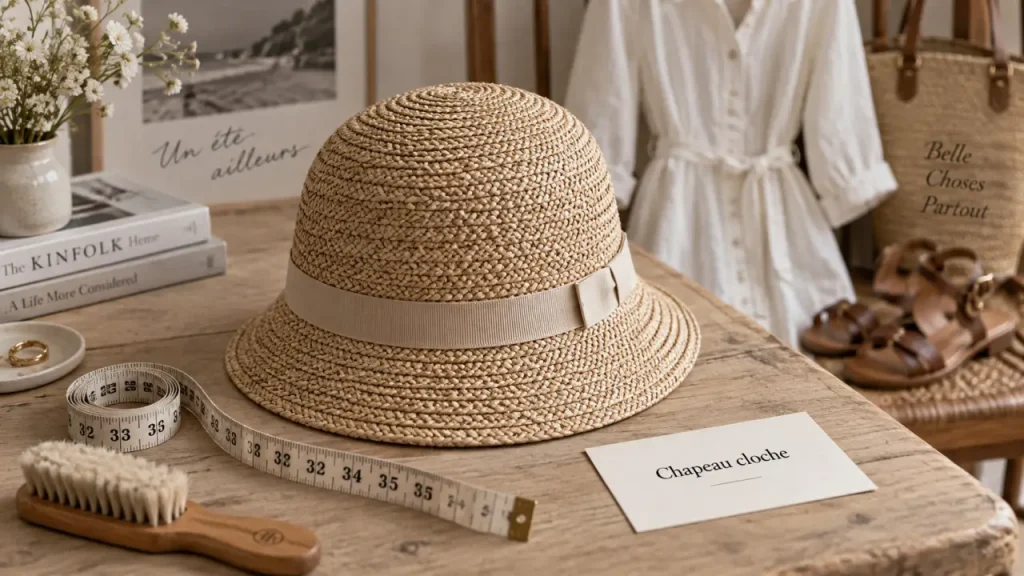 Chapeau cloche en paille, bord baissé, mise en valeur du visage