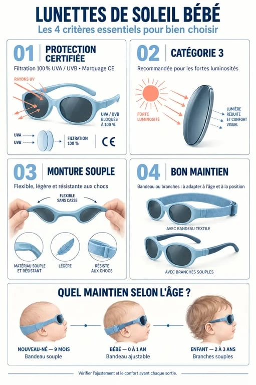 Infographie sur les critères pour choisir des lunettes de soleil bébé selon l'âge et le maintien