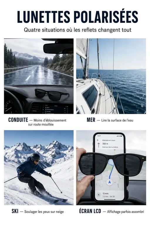 Lunettes de soleil polarisées : comparatif visuel des usages en conduite, en mer, à la neige et face aux écrans