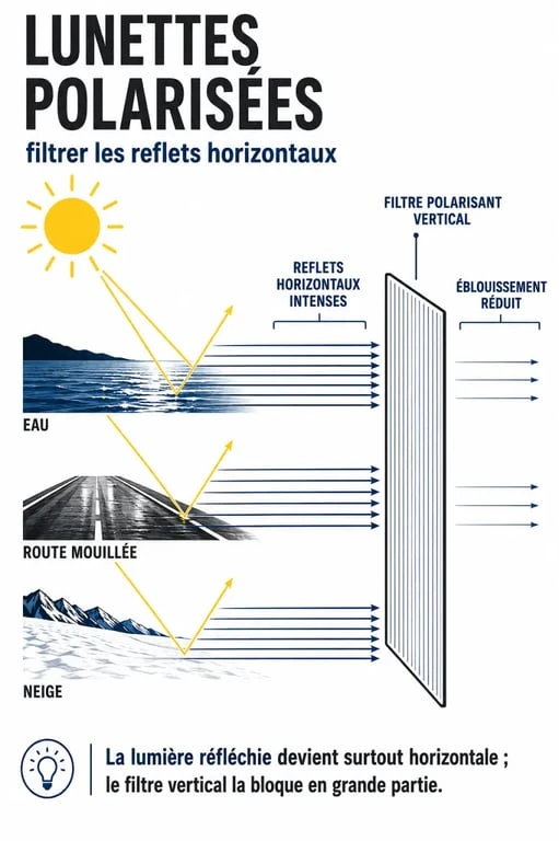 Lunettes de soleil polarisées : schéma éditorial du filtre qui réduit les reflets sur l’eau, la route et la neige