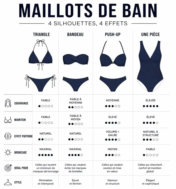 Comparatif des modèles de maillots de bain Grain de Sable : triangle, bandeau, push-up et une pièce