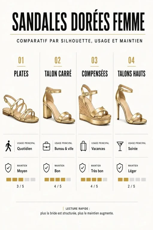Comparatif des sandales femme dorees selon le type de modèle, l’usage et le maintien