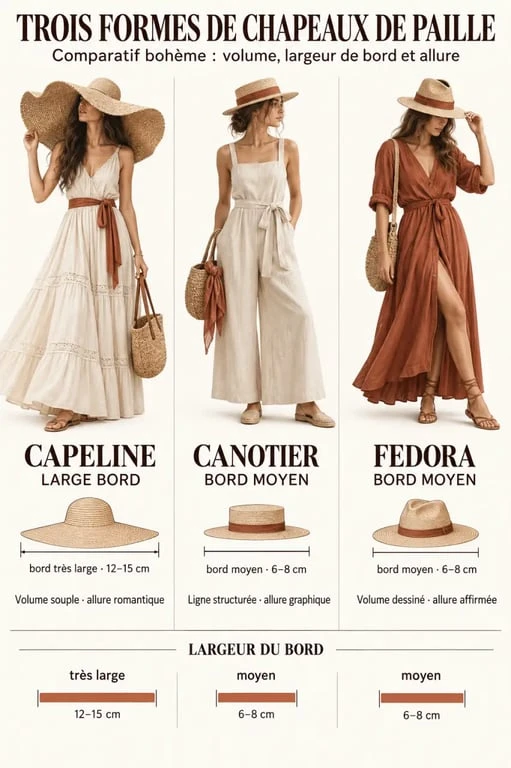 Comparatif visuel de chapeau de paille femme bohème capeline, canotier et fedora