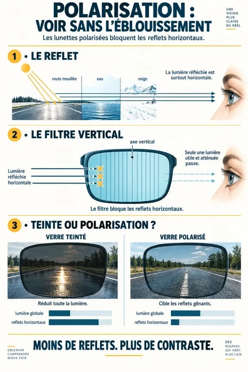 Schéma expliquant la polarisation des lunettes de soleil et la réduction des reflets sur la route, l’eau et la neige