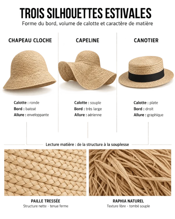 Infographie sur le chapeau cloche en paille, la capeline et le canotier