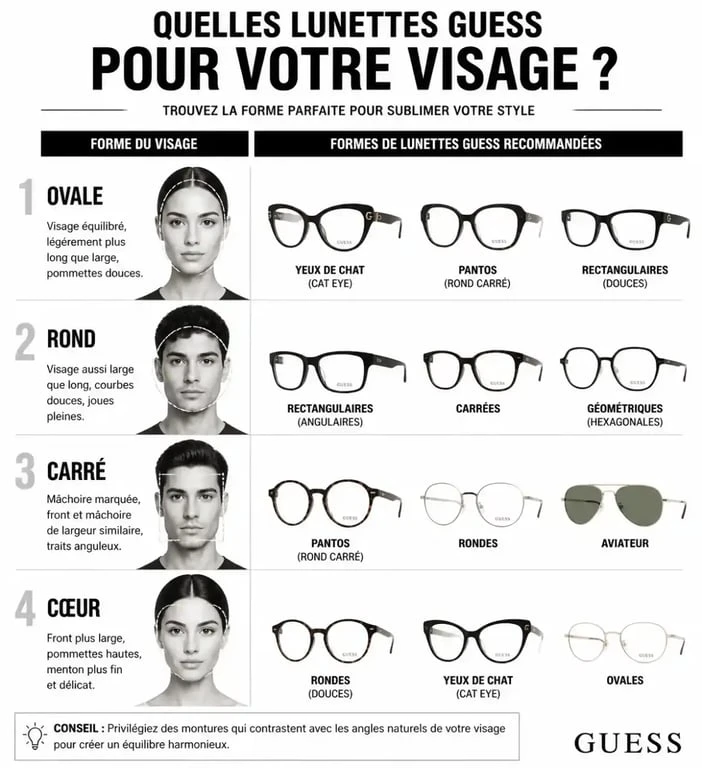 Guide des formes de lunettes de soleil Guess selon la morphologie du visage