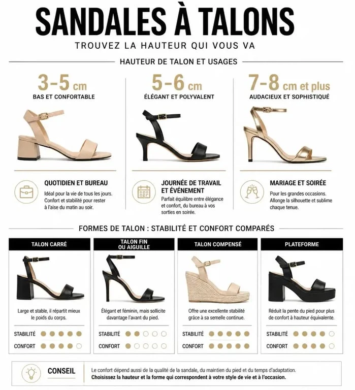 Infographie sur les sandales à talons femme selon la hauteur et la forme du talon