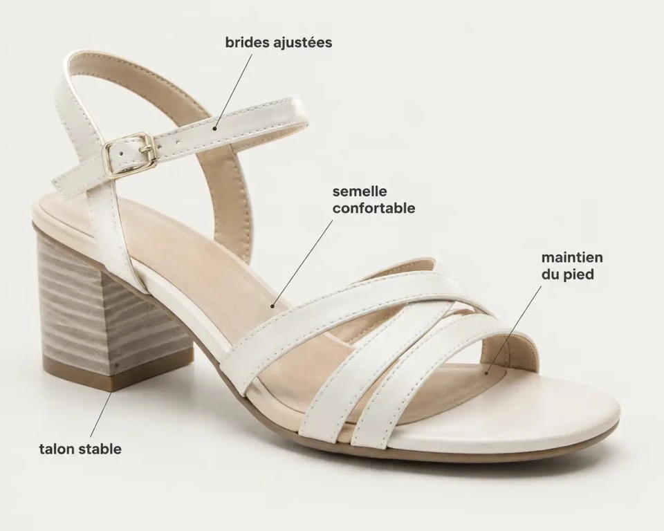 Sandales blanches pour femme en gros plan montrant brides, semelle et talon pour juger le confort