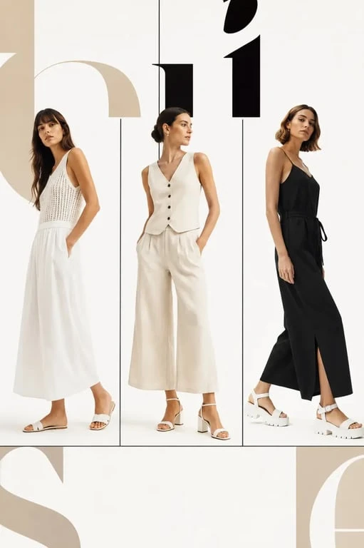 Sandales blanches pour femme portées avec trois tenues d’été pour comparer les usages