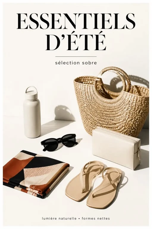 Accessoires été disposés dans une scène estivale élégante avec lunettes, panier, foulard et sandales