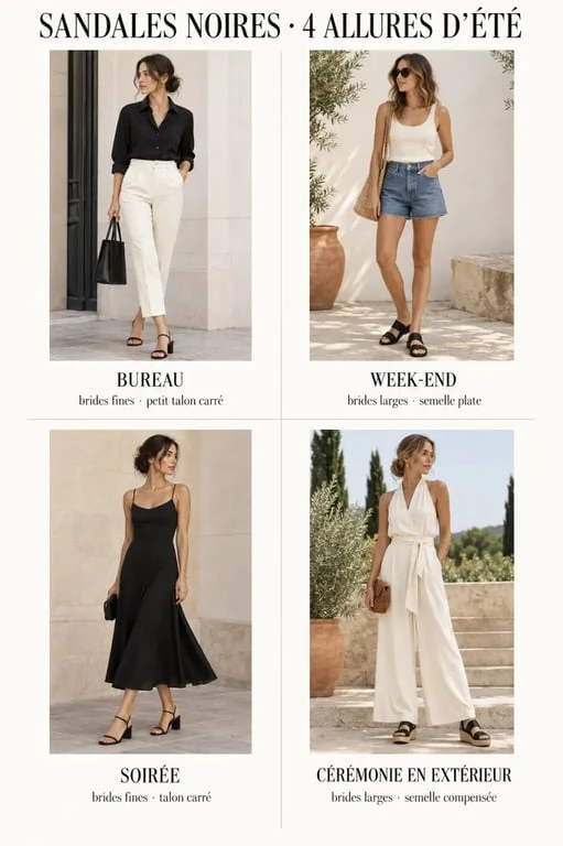 Sandales noirs femme portées avec des looks de bureau, de week-end, de soirée et de cérémonie