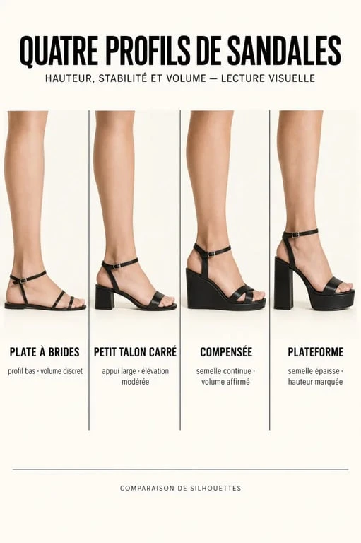 Sandales noirs femme : comparaison visuelle des modèles plats, à talon, compensés et à plateforme