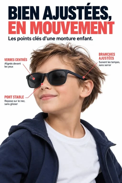 Lunettes de soleil enfant bien ajustées sur le nez, les tempes et devant les yeux