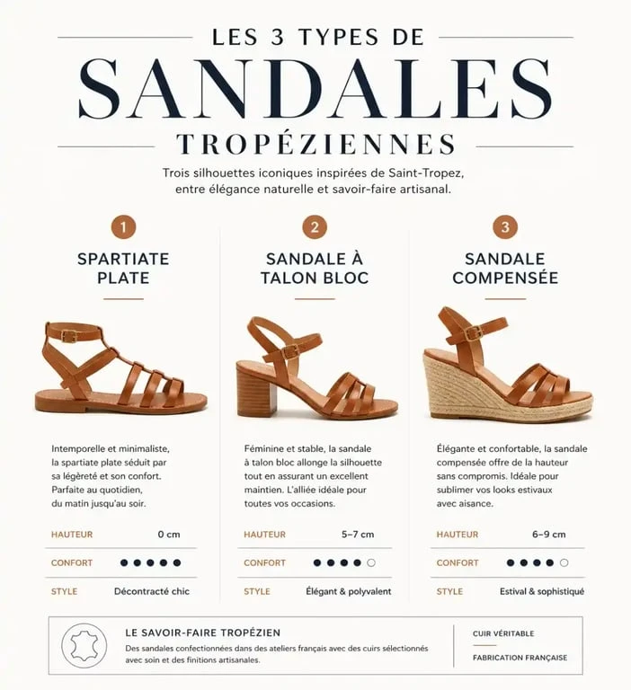 Infographie des différents styles de sandales tropéziennes femme : spartiates, talons et compensées.