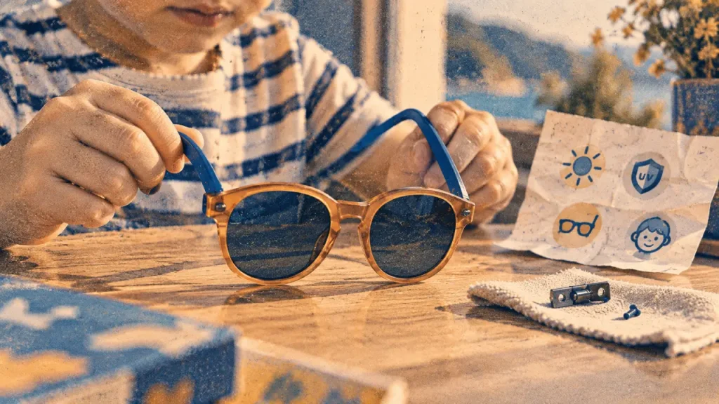 Lunettes de soleil enfant sur comptoir bois : protection UV et confort