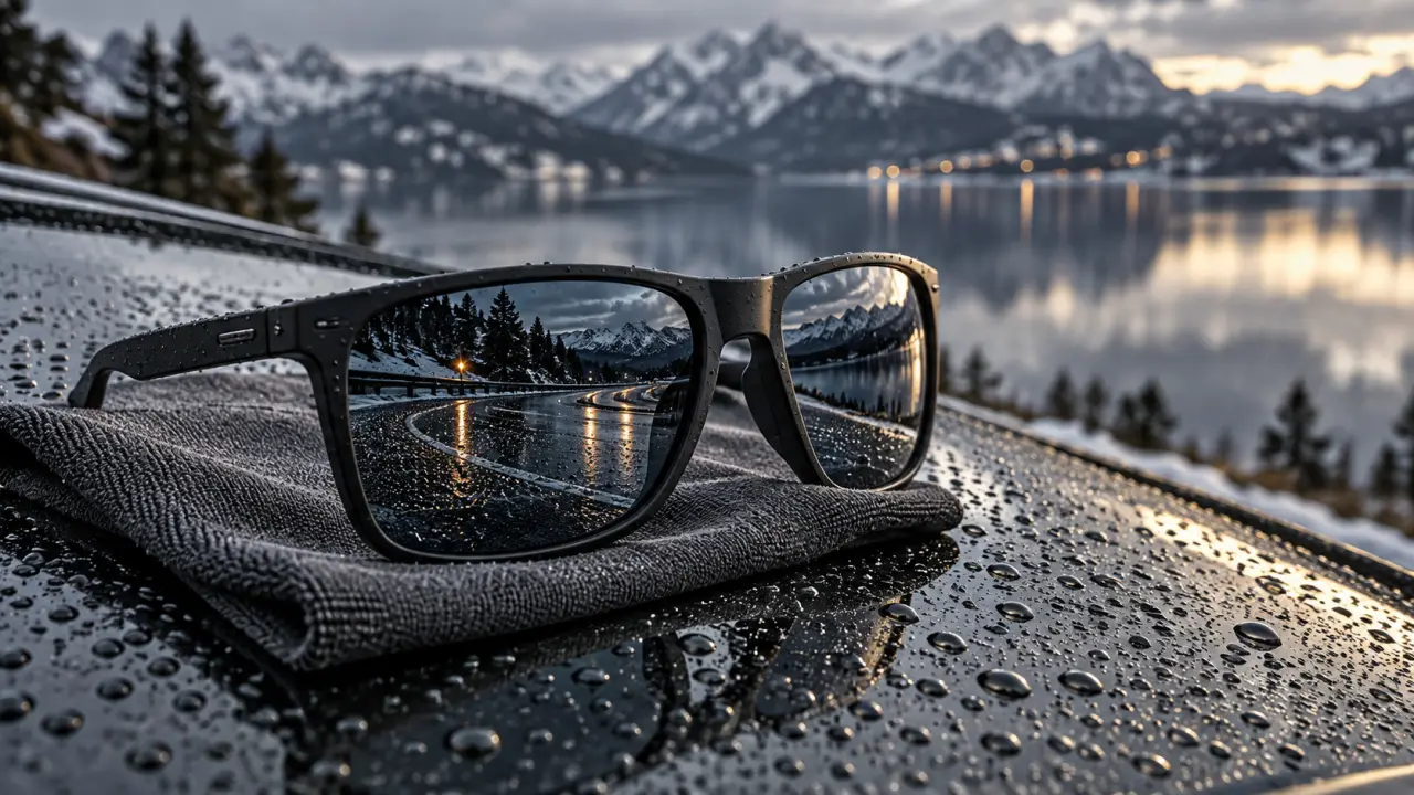 Polarisation lunettes de soleil : reflets sur vitre humide