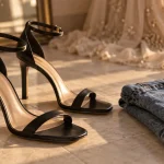Sandales noirs femme : confort et allure, vue rapprochée sur carrelage clair