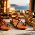Sandales tropeziennes femme : trois modèles de sandales tropéziennes en cuir sur table