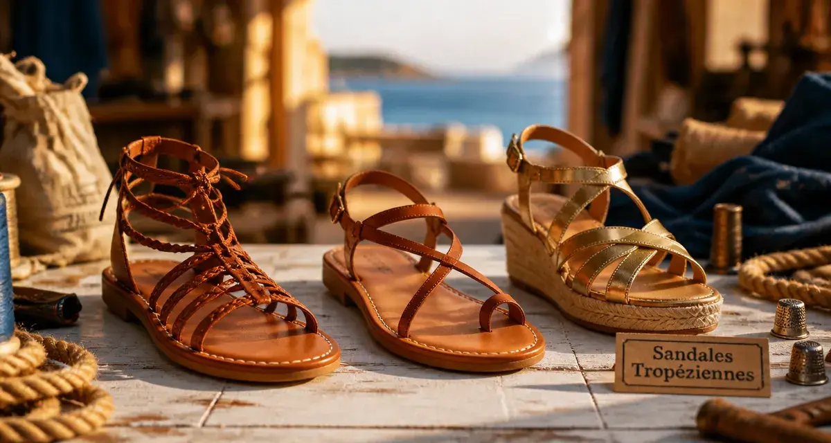 Sandales tropeziennes femme : trois modèles de sandales tropéziennes en cuir sur table