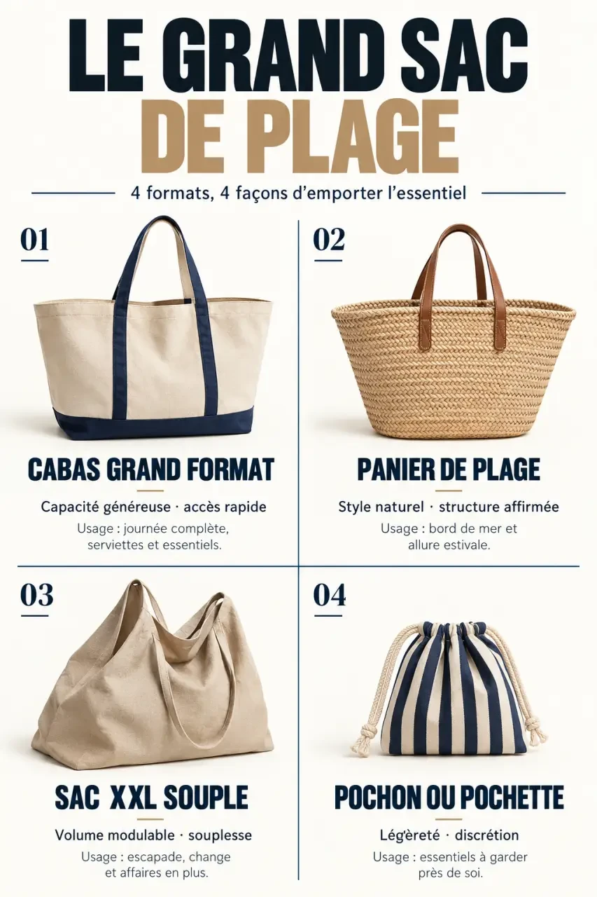 Infographie des formats de grand sac de plage chic et de leurs usages