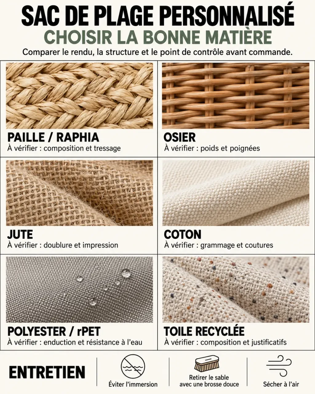 Infographie sur les matières d’un sac de plage paille personnalisé