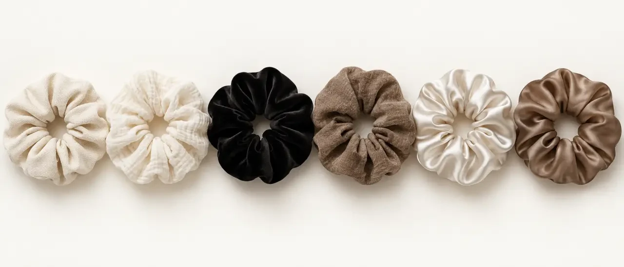 Textures de chouchous cheveux en coton, velours, lin, satin et soie