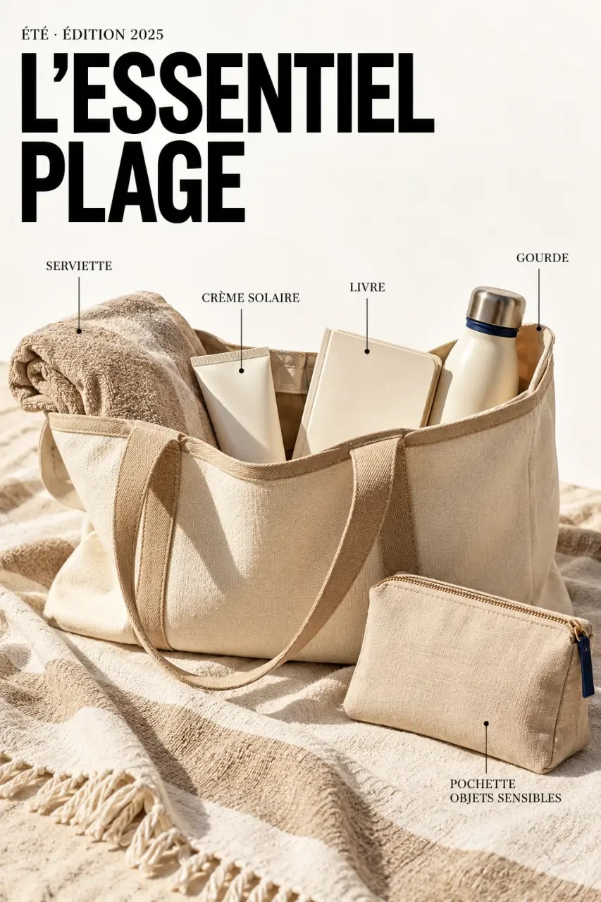 Sac de plage femme chic organisé avec serviette, crème solaire et livre