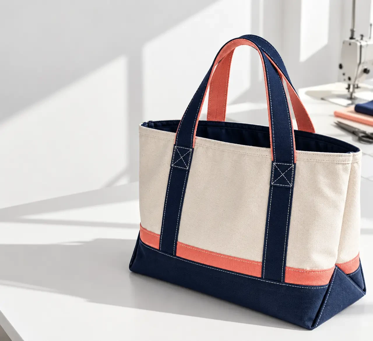 Détail des anses et de la doublure d’un sac de plage couture