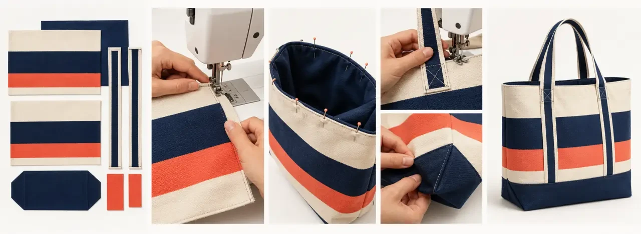Étapes de réalisation d’un sac de plage couture doublé avec anses et fond en volume