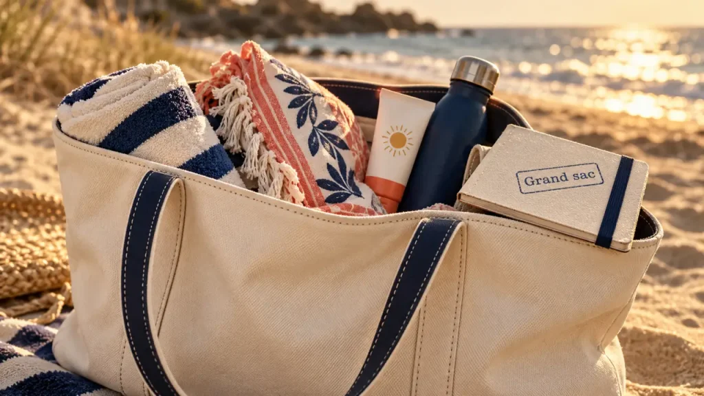 Grand sac de plage chic en coton enduit ivoire au bord de mer