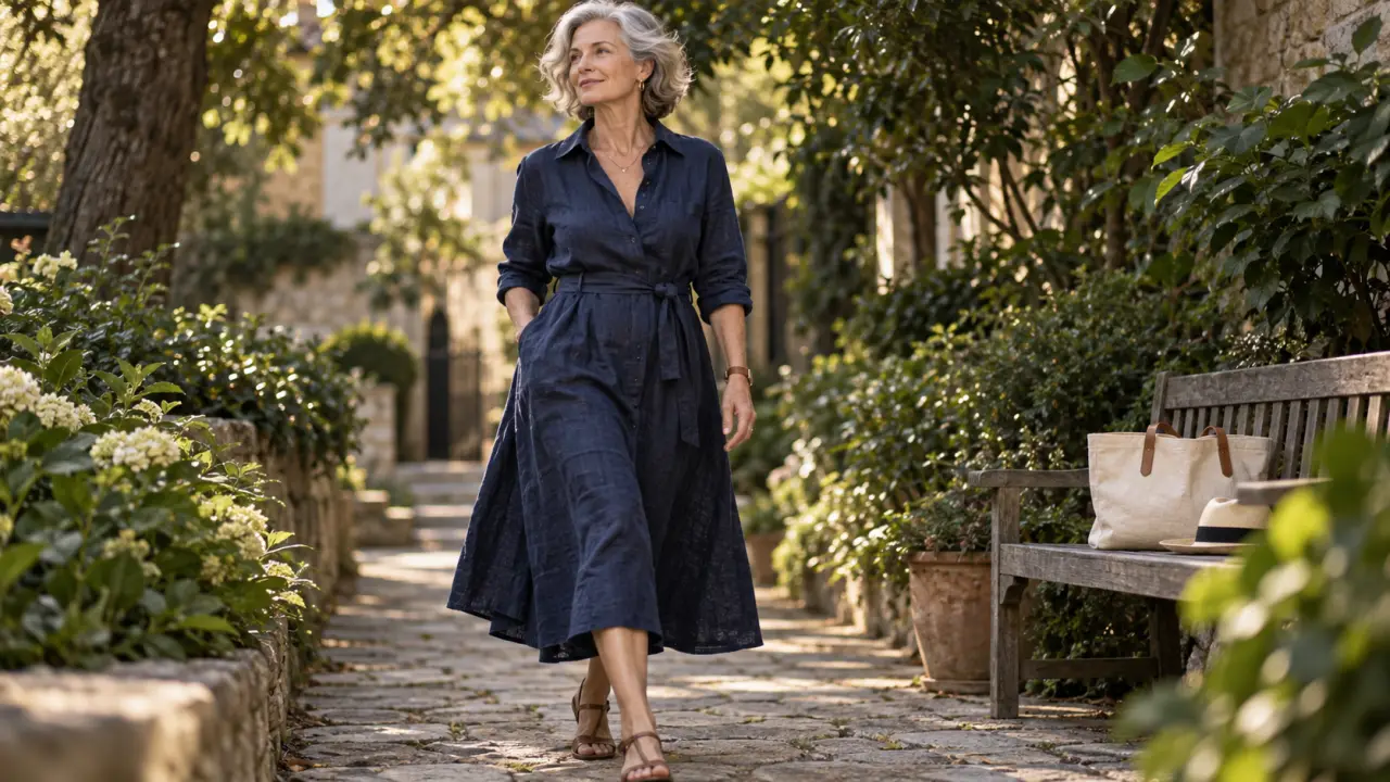 Robe été femme 60 ans midi en lin bleu marine