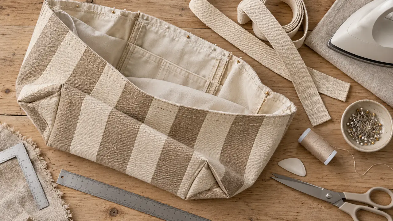 Sac de plage couture : cabas doublé en toile rayée en cours de couture