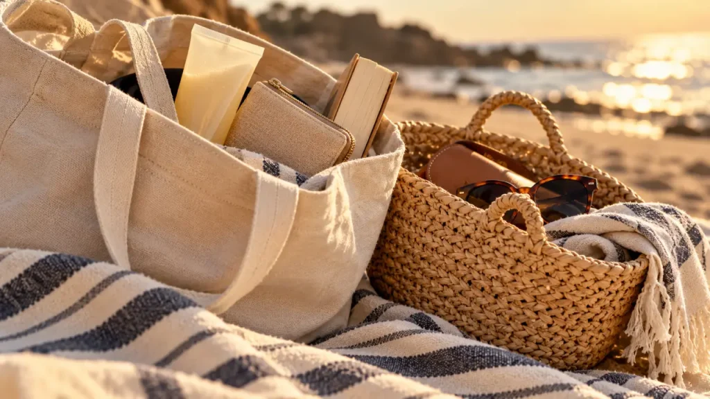 Sac de plage femme chic en toile écru et panier raphia