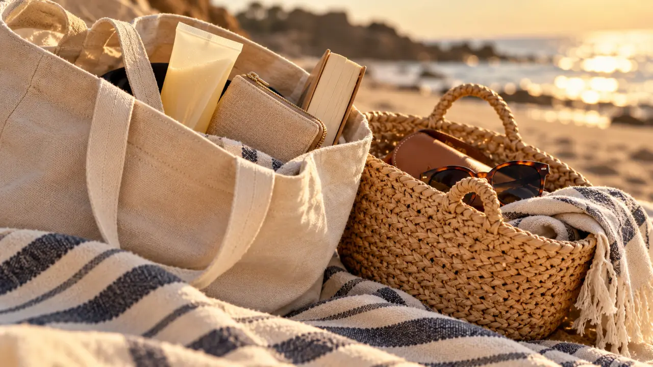 Sac de plage femme chic en toile écru et panier raphia