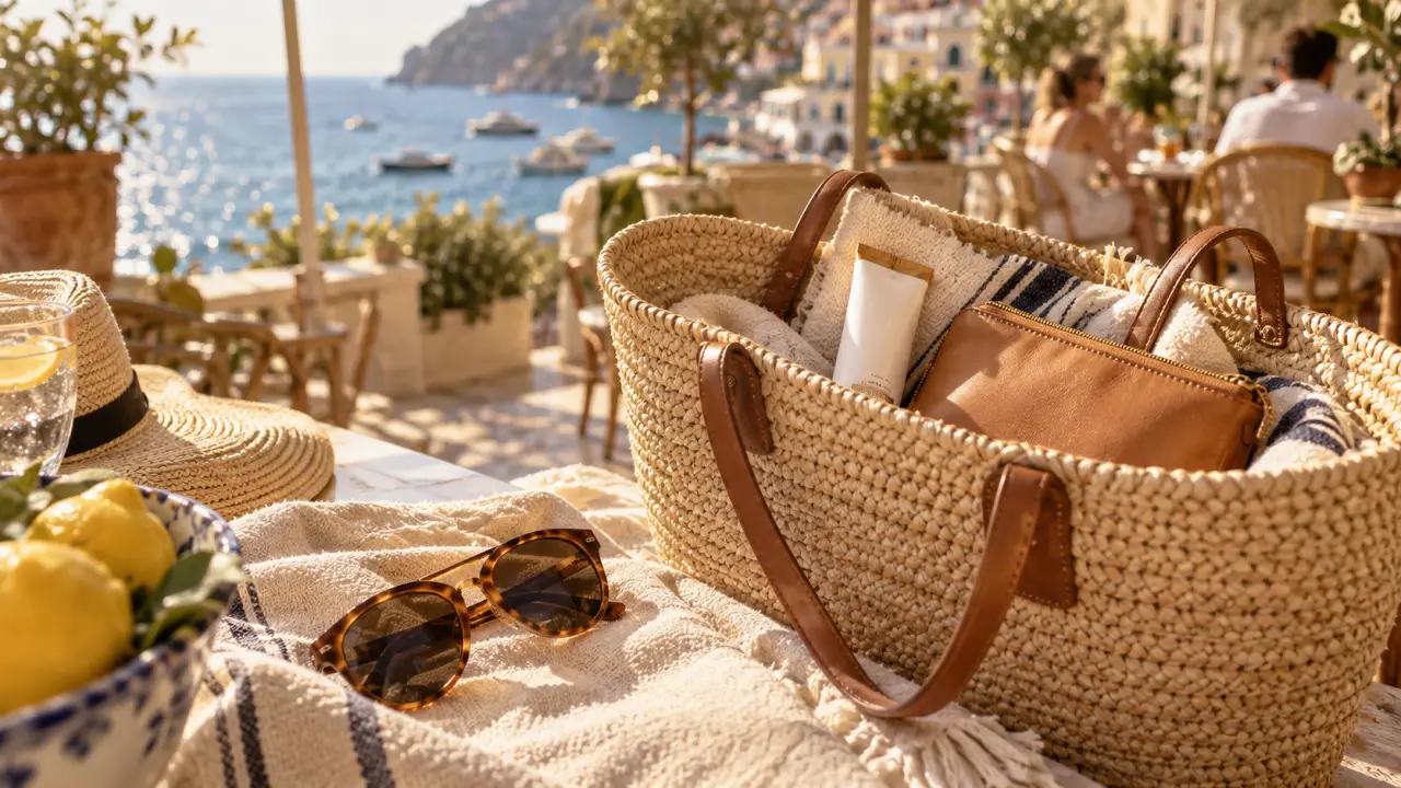Sac de plage les tropéziennes : cabas toile et anses cuir, style Riviera
