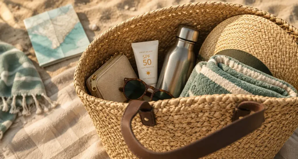 Sac de plage osier ouvert sur serviette, rangement plage réutilisable