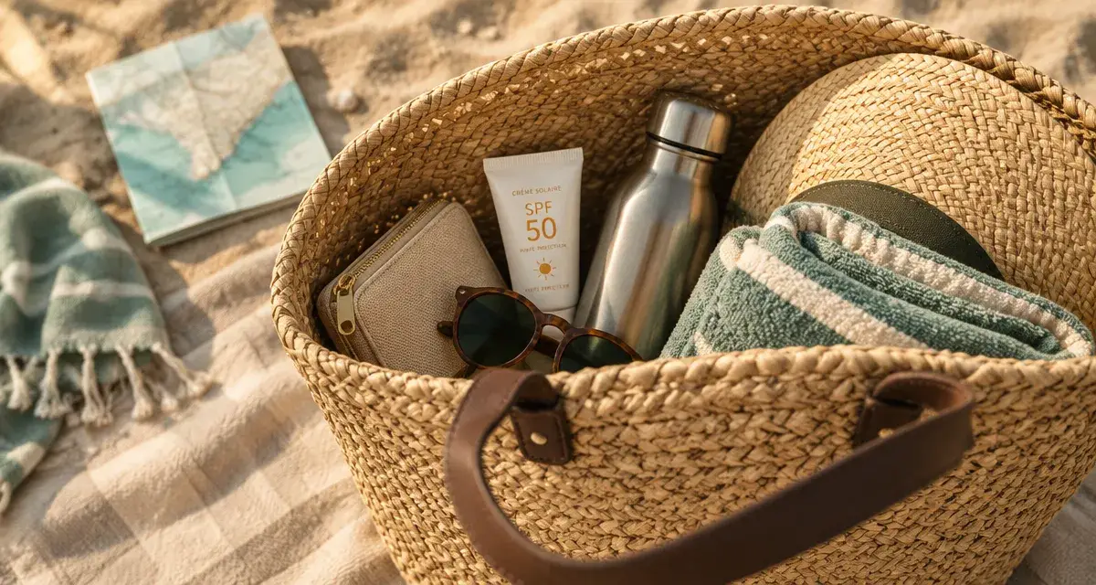 Sac de plage osier ouvert sur serviette, rangement plage réutilisable
